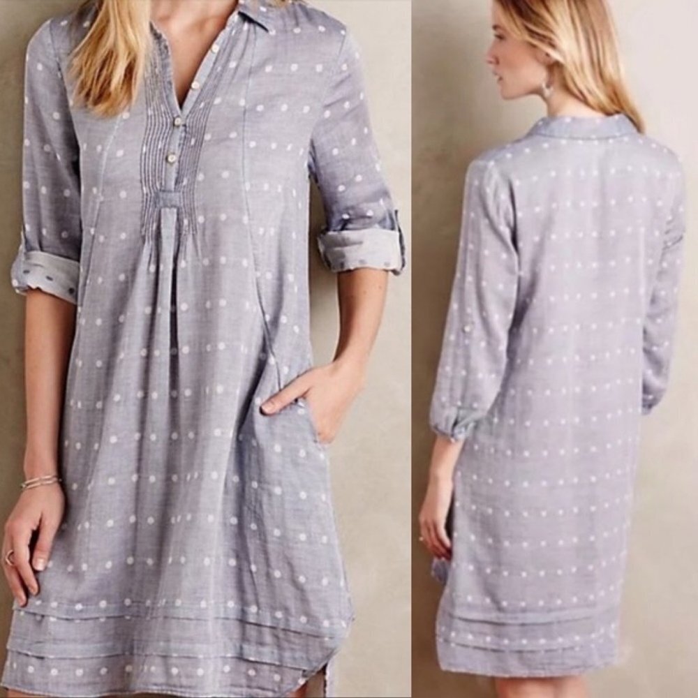 Anthropologie Isabella Sinclair Trovata Chambray Dress Size XS Polka Dot Boho